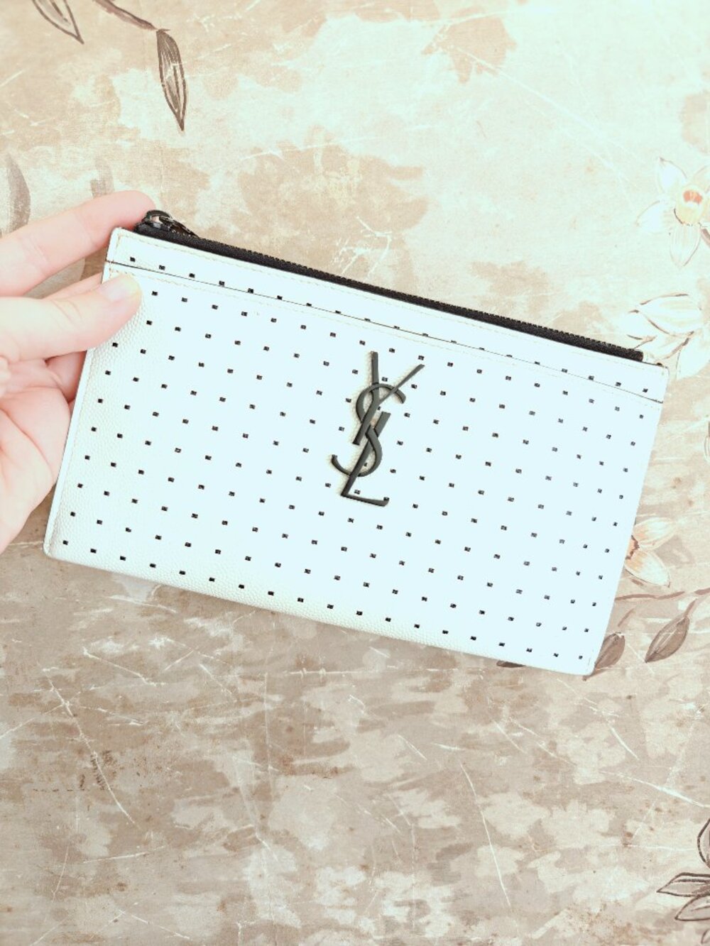 Saint Laurent YSL Square Dot Monogram Leather Zip Clutch Pouch White Black